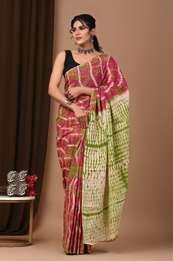 Multicolor Shibori Printed Cotton Saree With Blouse