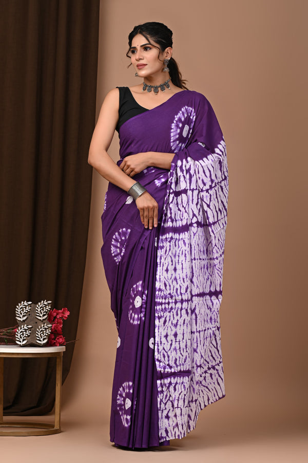 Purple Shibori Butta Printed Cotton Saree With Blouse