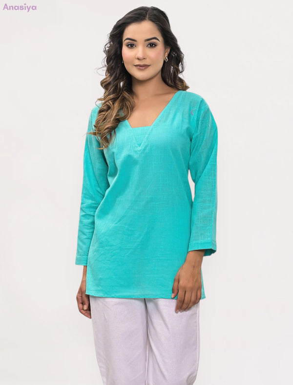 Solid Firozi South Cotton Top For Office