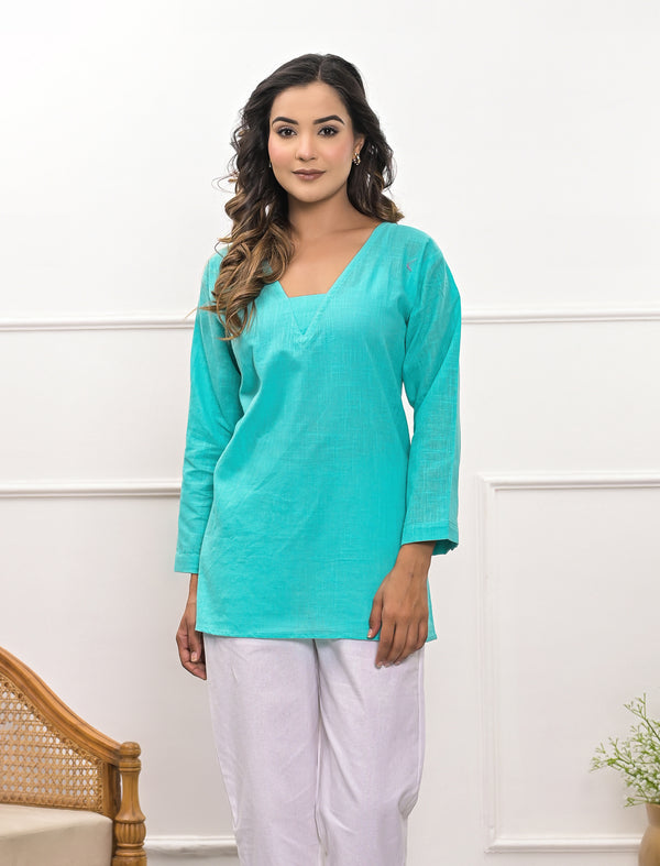 Solid Firozi South Cotton Top For Office