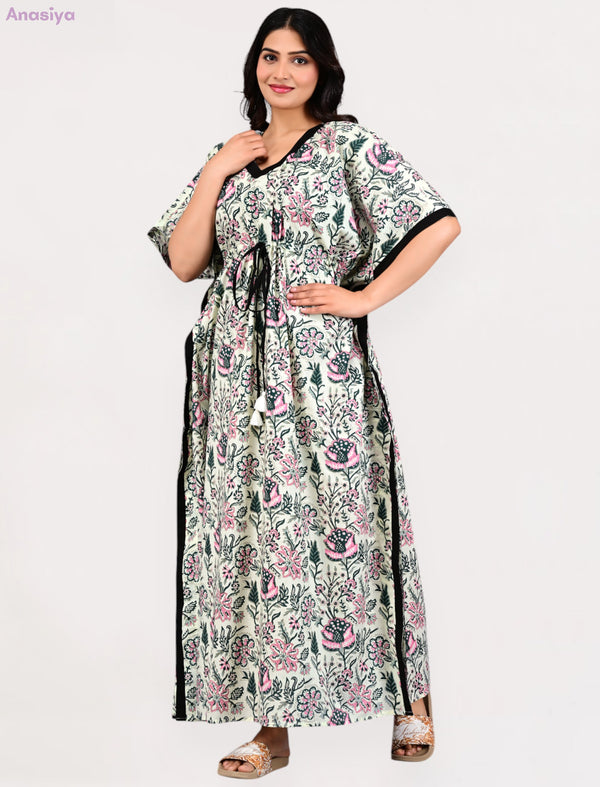 Cotton Green Jaal Printed Long Kaftan With Front Belt