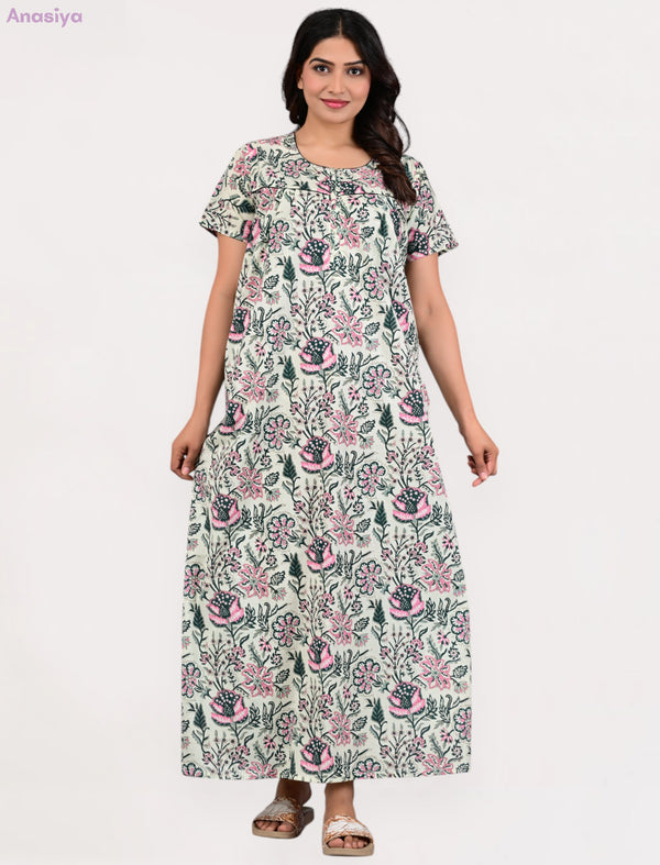 Green Jaal Floral Printed Comfortable Cotton Night Gown