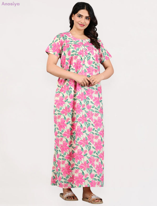 Pink Floral Printed Comfortable Cotton Night Gown