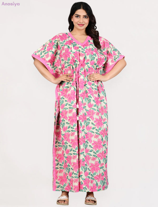 Cotton Pink Floral Jaal Printed Long Kaftan With Front Belt