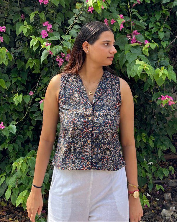 Blue Ajrakh Cotton Collar Crop Top