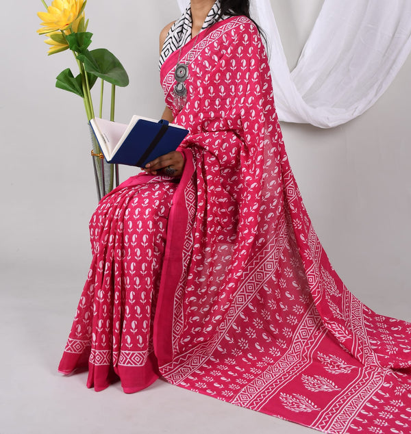 Jaipuri Mulmul Cotton Printed Saree With Blouse