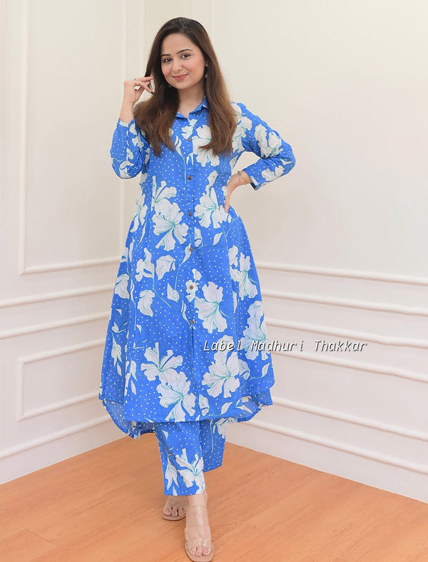 Blue Flower Rayon Printed Co-Ord Set