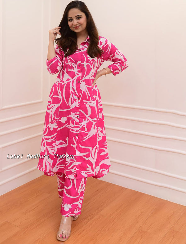 Pink Flower Rayon Printed Co-Ord Set