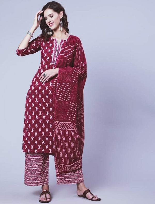 Maroon Pure Cotton Printed Kurti, Palazzo, and Dupatta Set