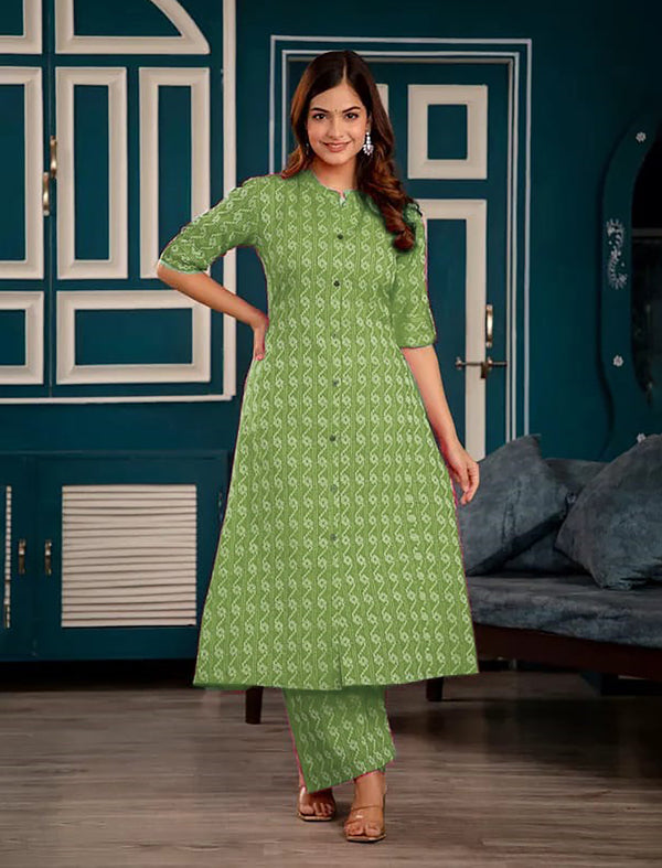 Green Cotton Kantha Aline Co-ord Set with Ankle-Length Palazzo