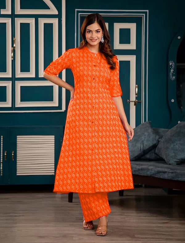 Orange Cotton Kantha Aline Co-ord Set with Ankle-Length Palazzo