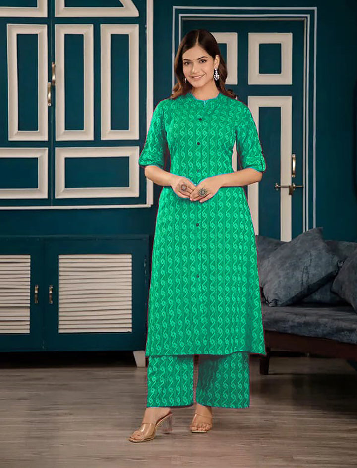 Green Cotton Kantha Aline Co-ord Set with Ankle-Length Palazzo