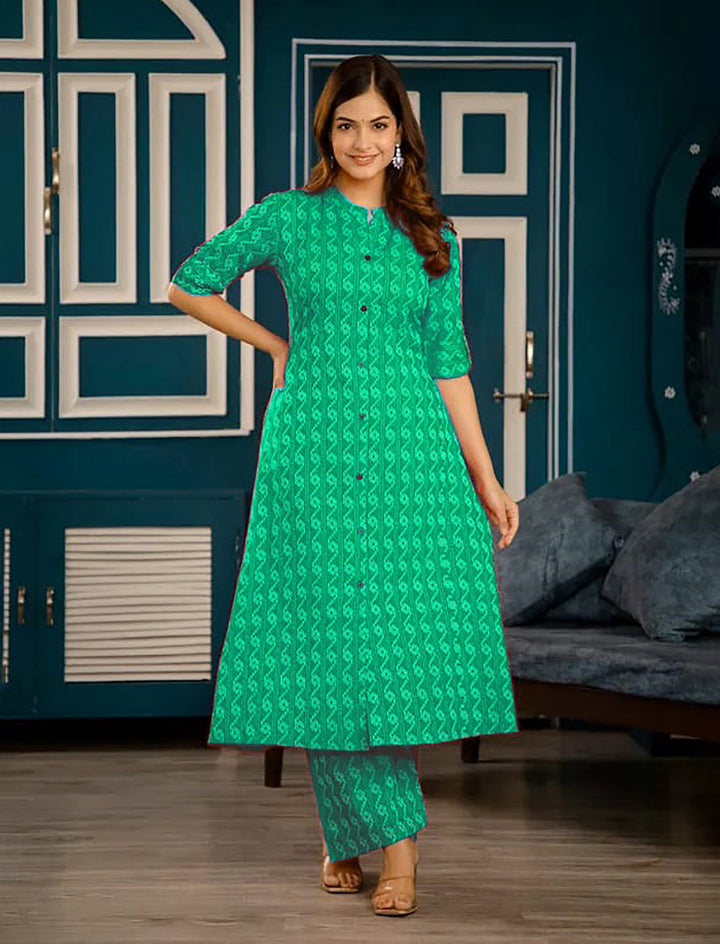 Green Cotton Kantha Aline Co-ord Set with Ankle-Length Palazzo