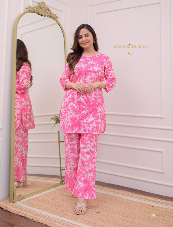 Pink Flower Cotton Printed Co-Ord Set