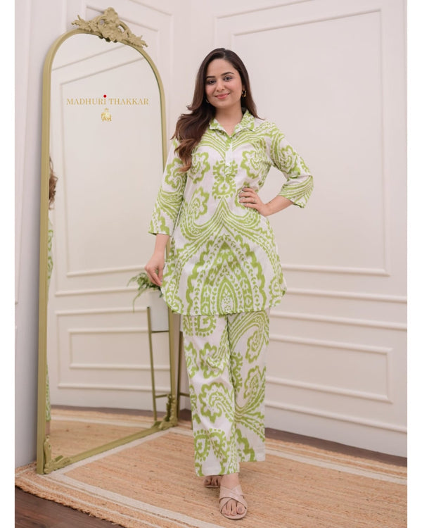 White Green Silhoutte Printed Cotton Co-Ord Set