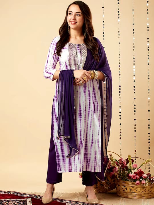 Purple Pure Rayon With Tie-Dye Print And Embroidery Kurta With Pant & Dye Dupatta