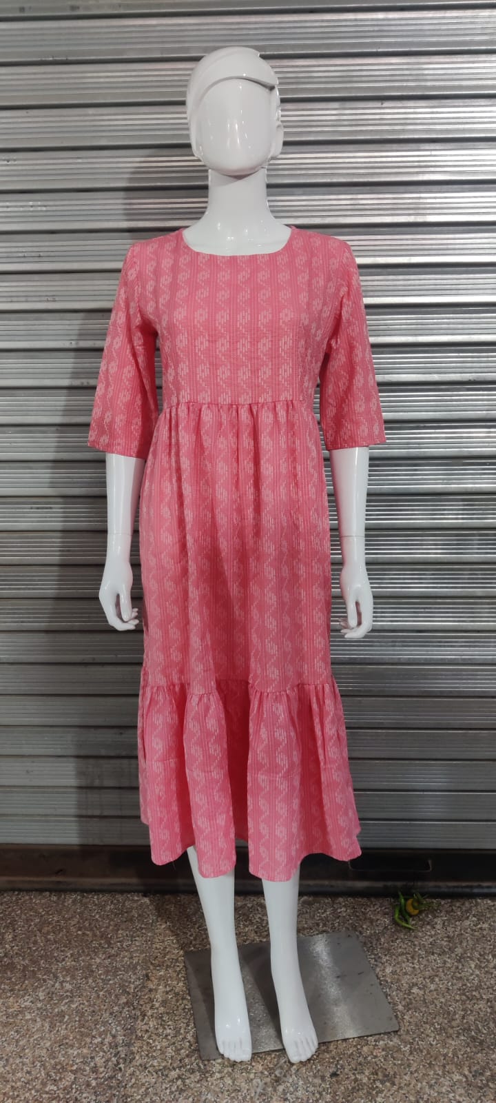 Peach Cotton Printed Dress For Women With Dori Belt