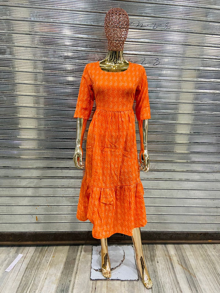 Orange Cotton Printed Dress For Women With Dori Belt