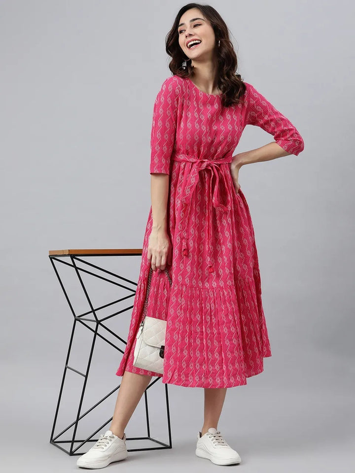 Pink Cotton Printed Dress For Women With Dori Belt