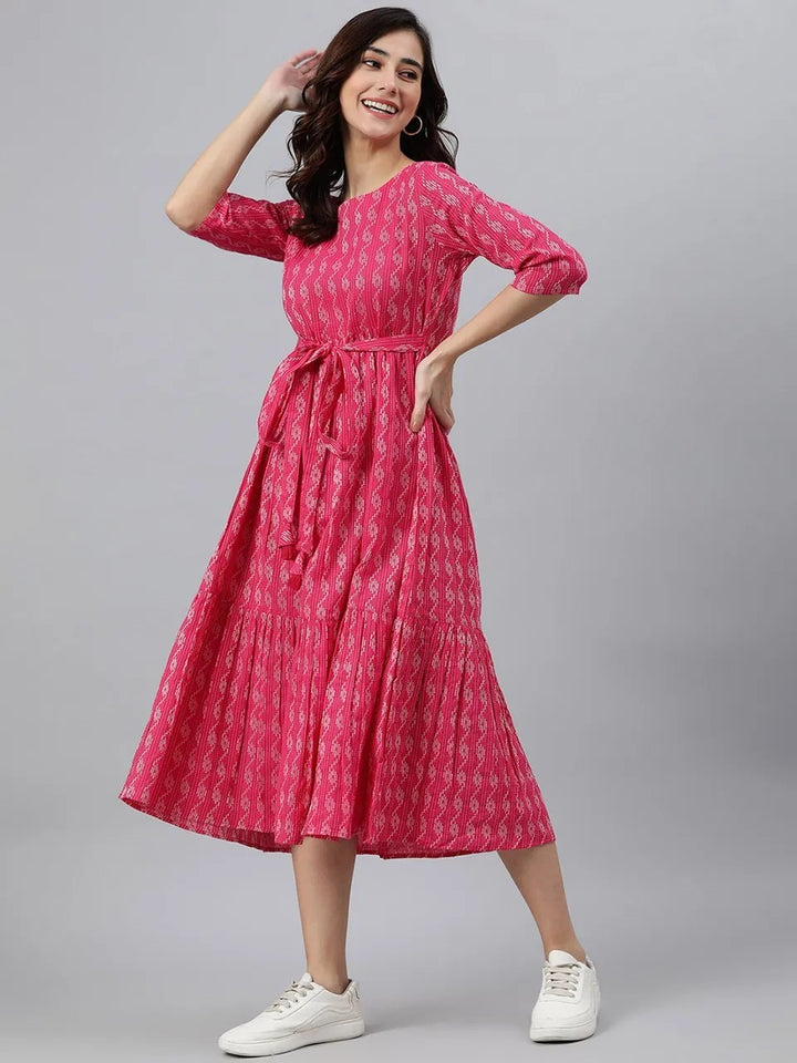 Pink Cotton Printed Dress For Women With Dori Belt