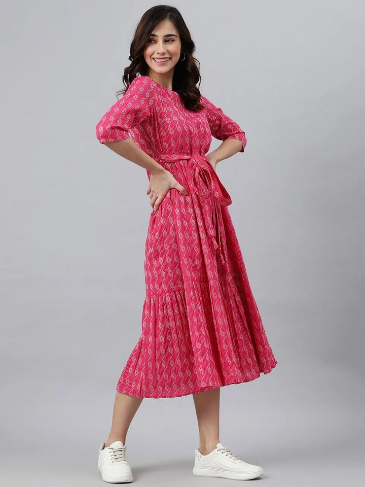 Pink Cotton Printed Dress For Women With Dori Belt