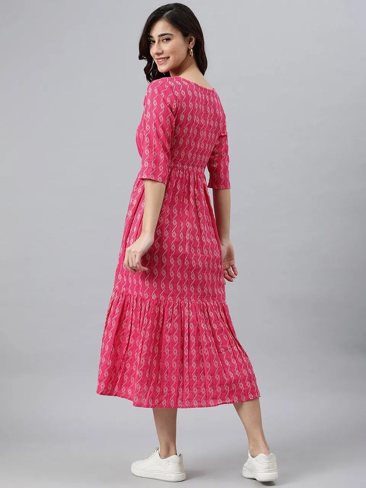 Pink Cotton Printed Dress For Women With Dori Belt