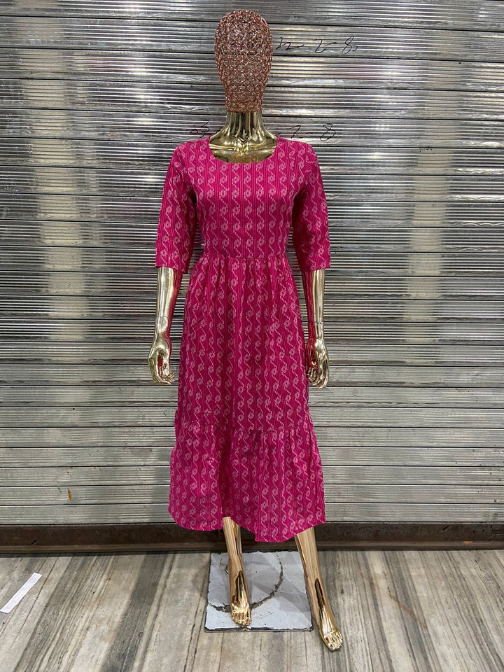 Pink Cotton Printed Dress For Women With Dori Belt