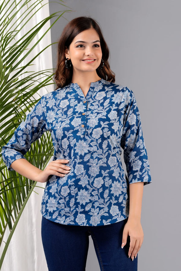 Blue Flower Printed Rayon Top