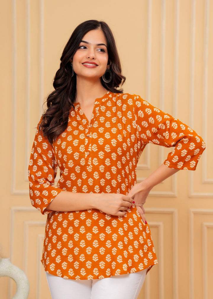 Orange Butti Mix Flower Printed Rayon Top