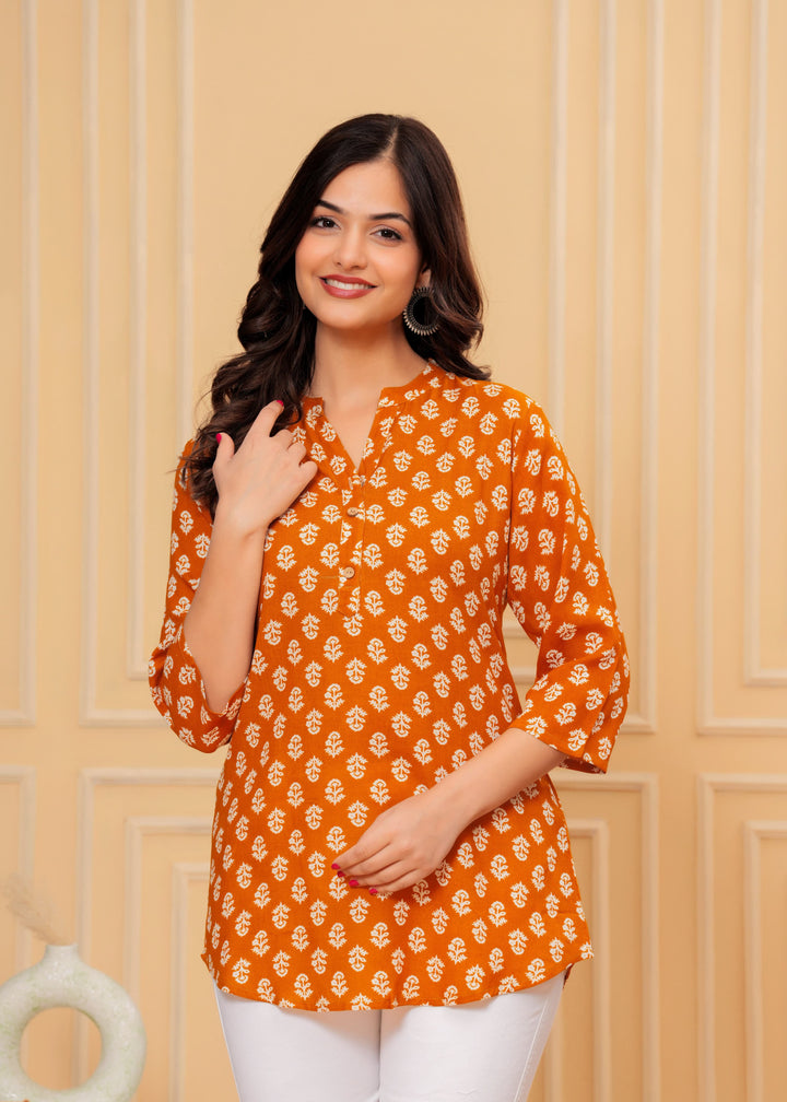 Orange Butti Mix Flower Printed Rayon Top