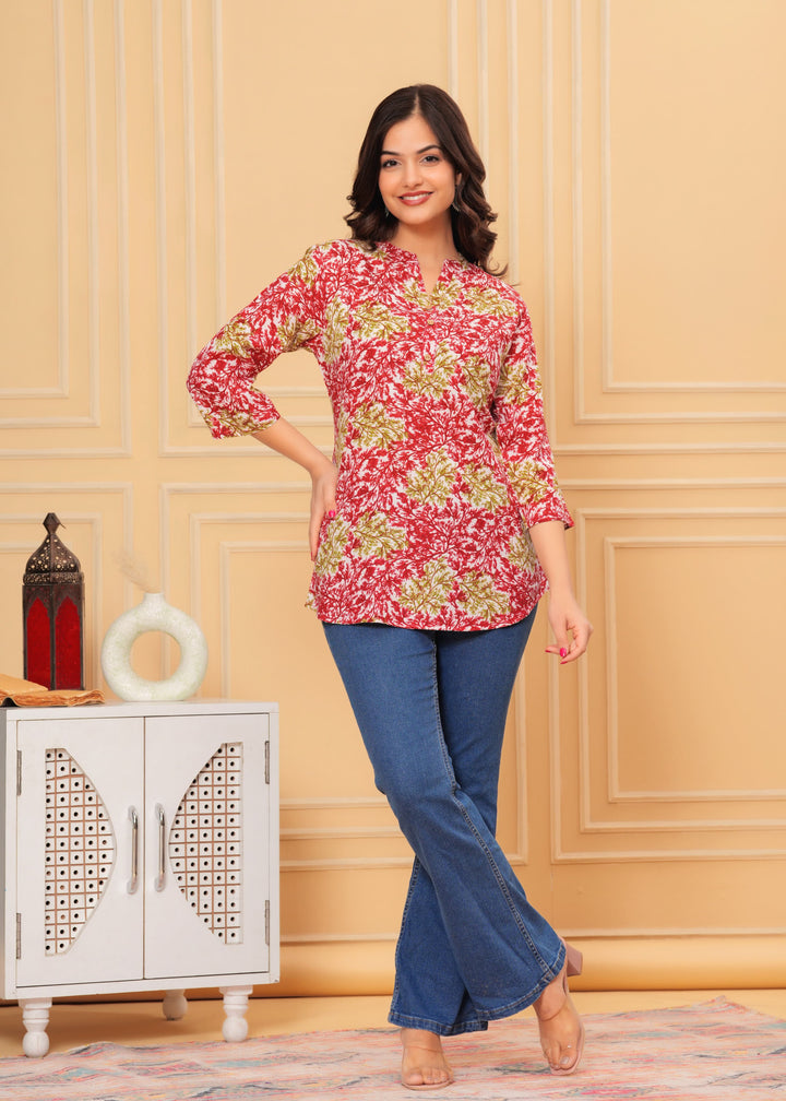 Red Jaal Mix Flower Printed Rayon Top