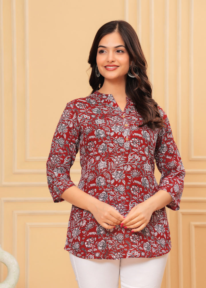 Maroon Jaal Mix Flower Printed Rayon Top