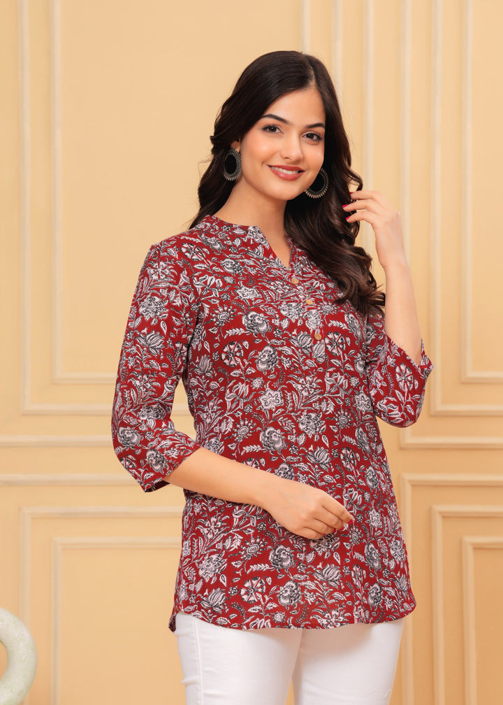 Maroon Jaal Mix Flower Printed Rayon Top