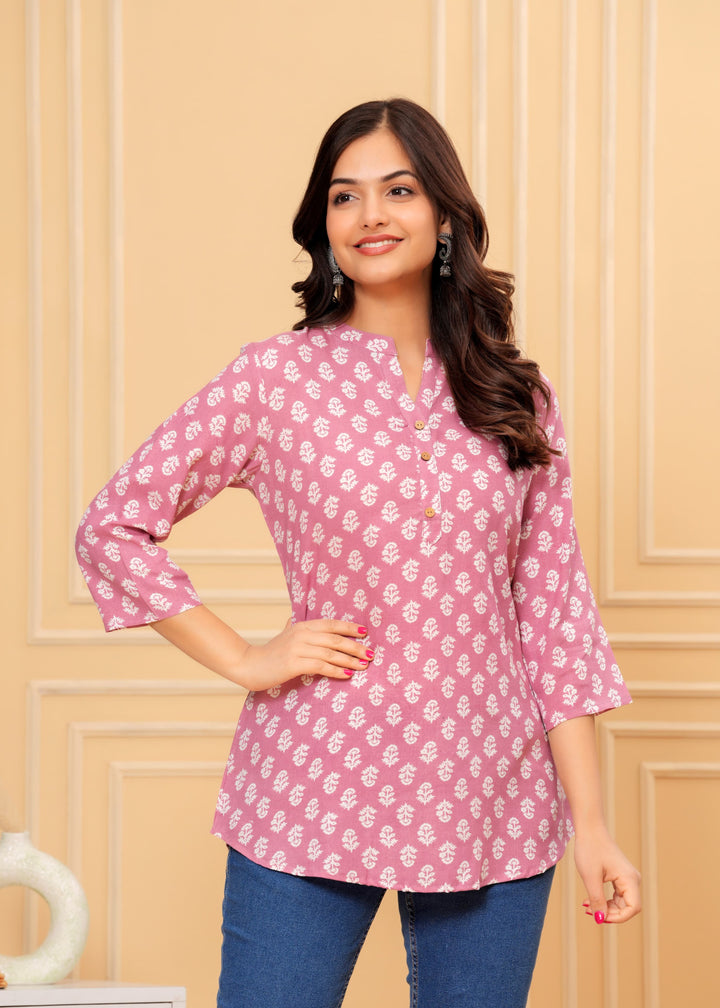 Pink Butti Mix Flower Printed Rayon Top