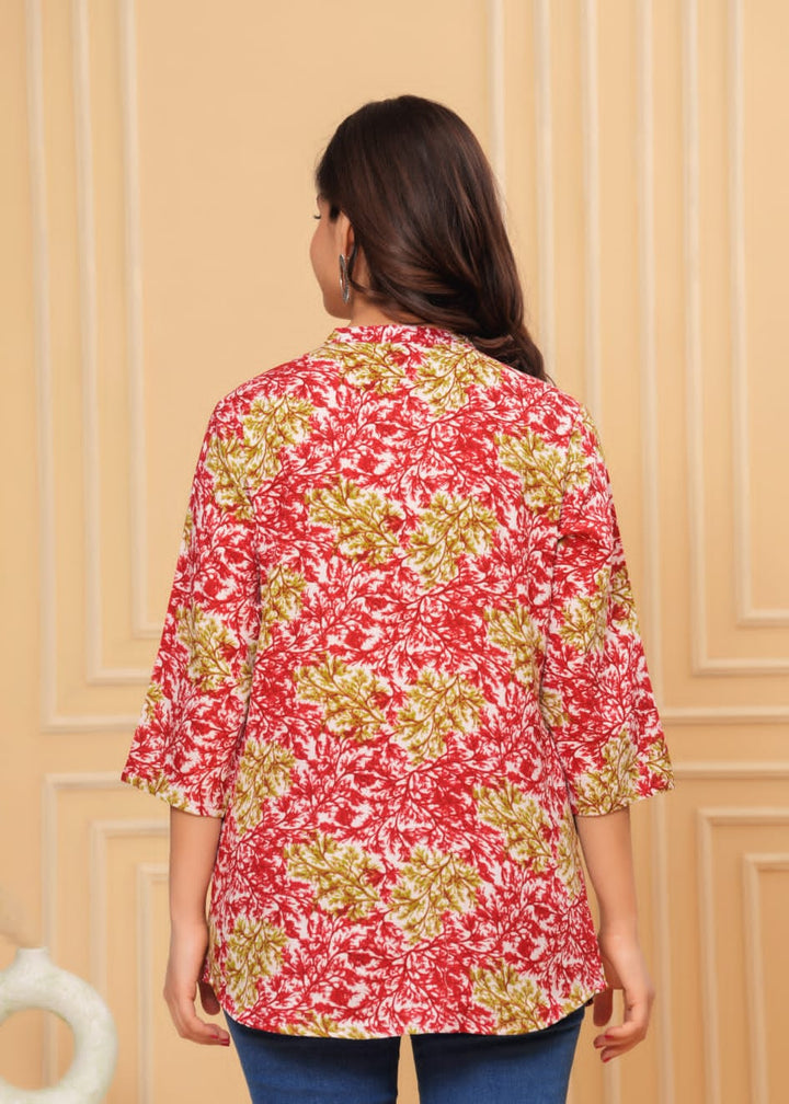 Red Jaal Mix Flower Printed Rayon Top