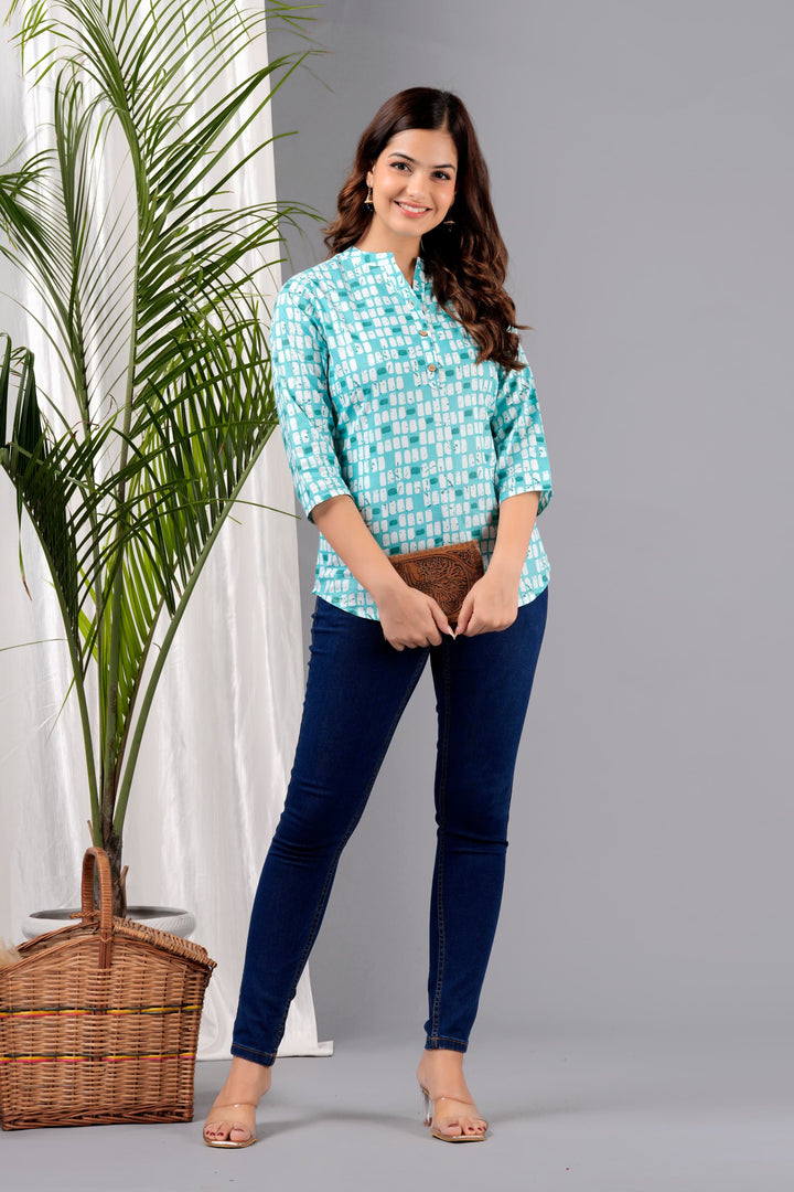 Turquoise Printed Rayon Top