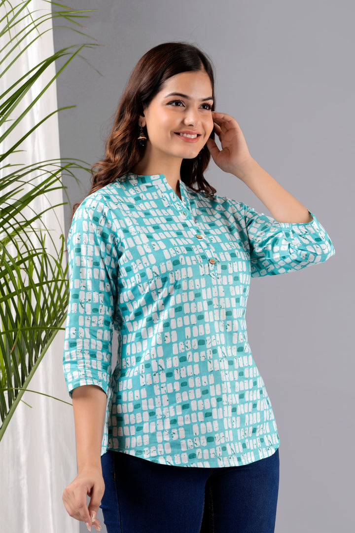 Turquoise Printed Rayon Top