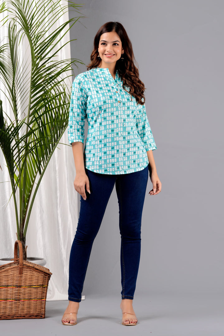 Turquoise Printed Rayon Top