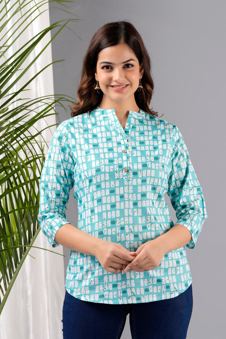 Turquoise Printed Rayon Top