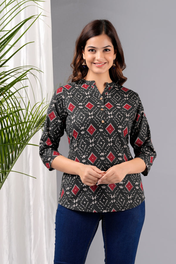 Black Ikkat Printed Rayon Top