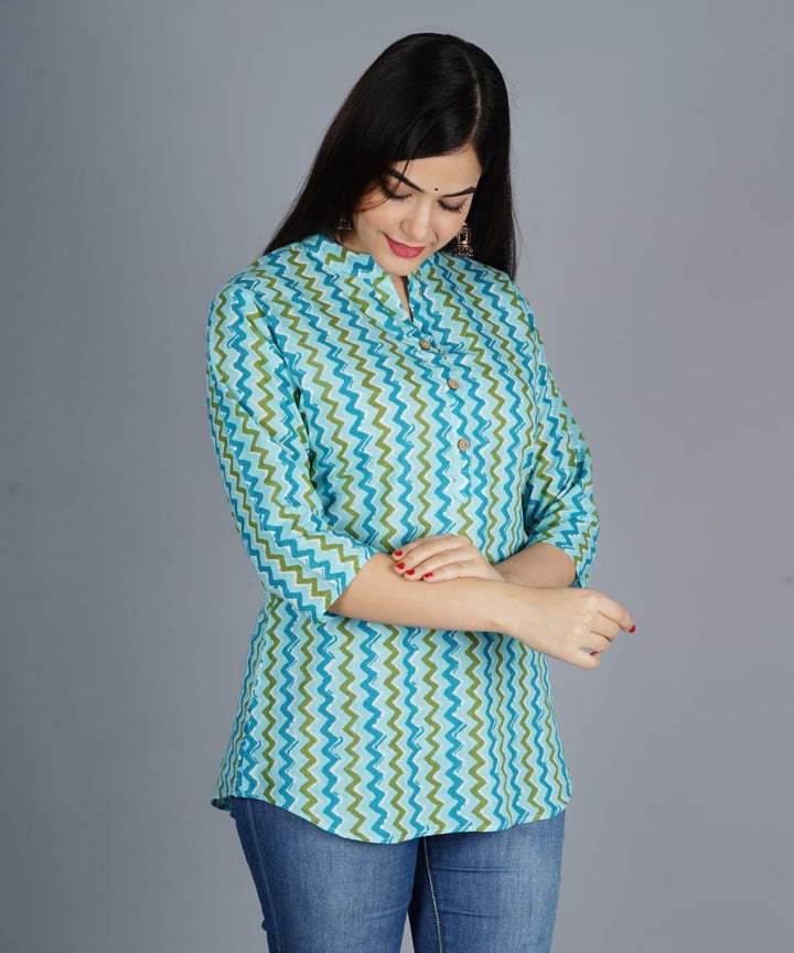 Tuquoise Zigzag Printed Rayon Top