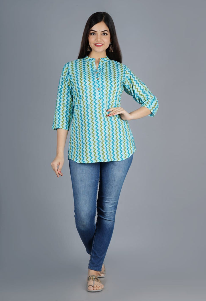 Tuquoise Zigzag Printed Rayon Top