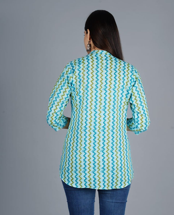 Tuquoise Zigzag Printed Rayon Top