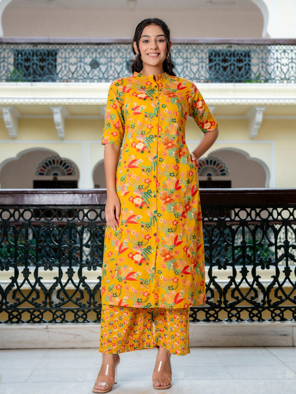 Yellow Rayon Flowery Printed Co-Ord Set