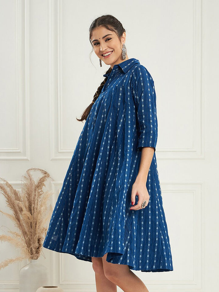 Blue Kantha Cotton Printed Knee Length Dress