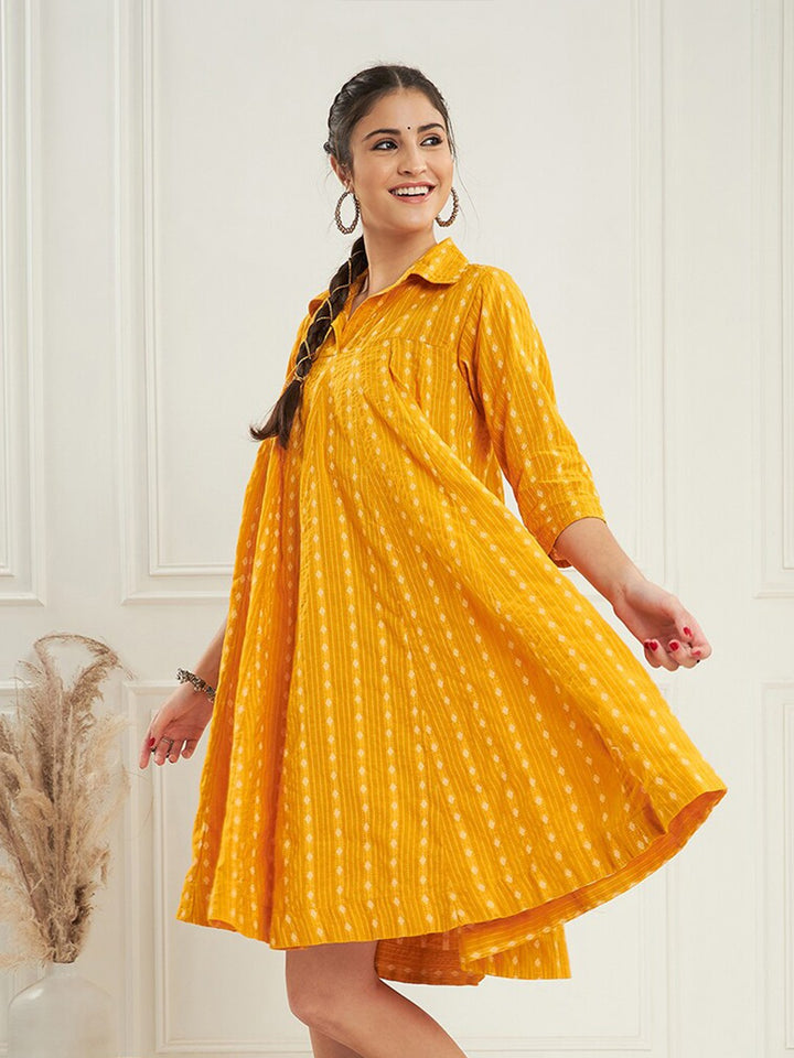 Orange Kantha Cotton Printed Knee Length Dress