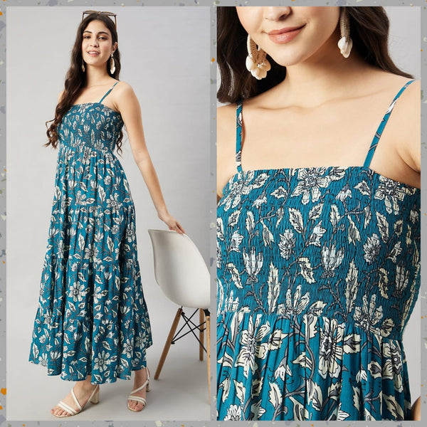 Sea Green Jaal Printed Cotton Bobin Elastic At Front Midi Dress