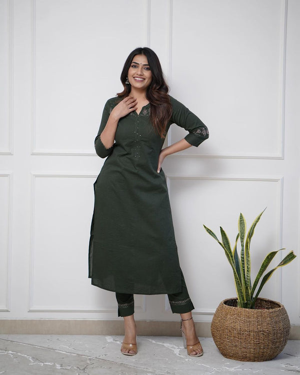 Bottle Green Cotton Aline Kurta Pant Set With Embroidery & Work