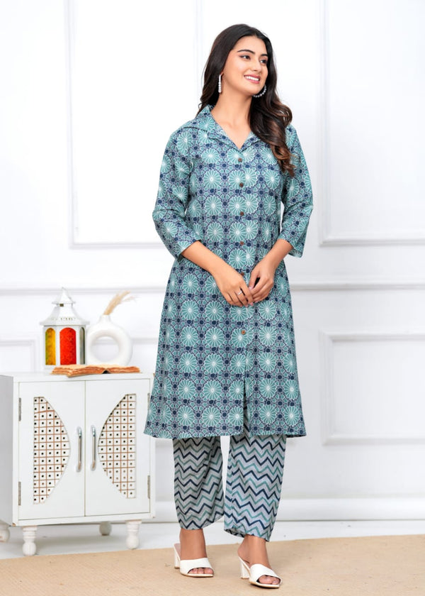 Sea Blue Printed Cotton A-line Suit Set