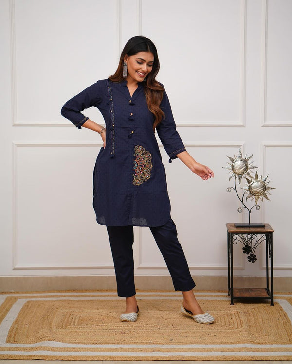 Blue Dobby Cotton Plain WIth Sequence Embroidery Co-Ord Set